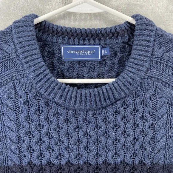 Vineyard Vines Sweater men's Large Chunky Knit Merino Wool Cotton Crew Neck Blue - Picture 3 of 11